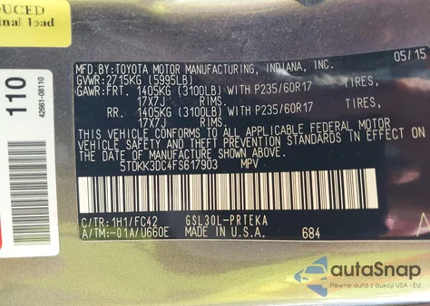 2015 Toyota Sienna Le 8 Passenger из США, поврежденный, VIN 5TDKK3DC4FS617903